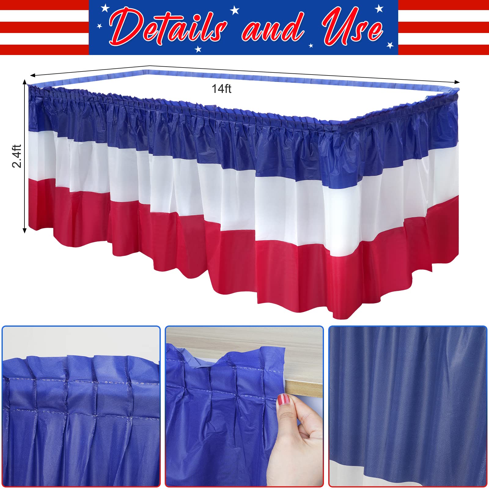 MASHAN red white blue table skirt 2.4x14 ft brightens your party