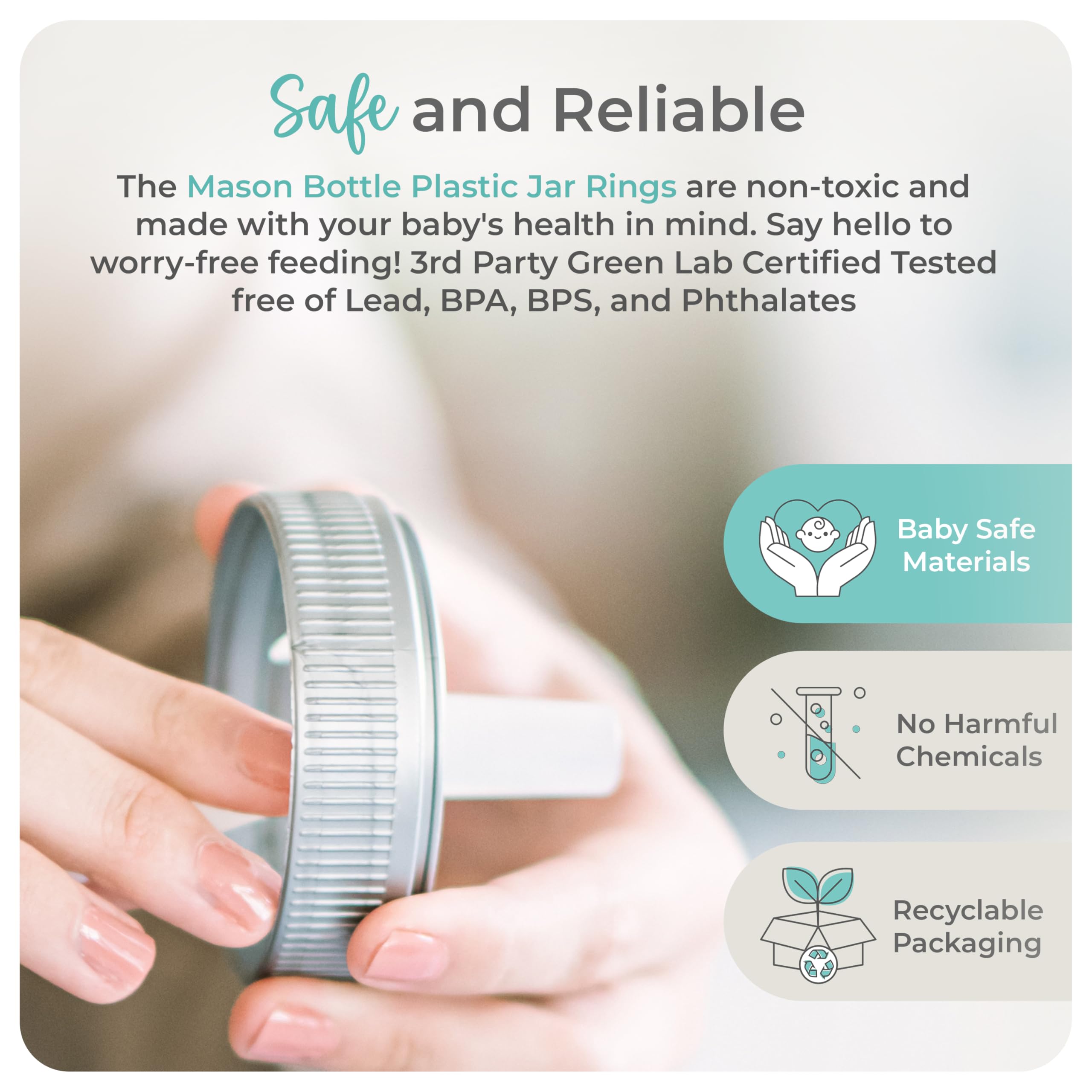 Mason Bottle plastic ring made in USA emphasizing quality and safety.
