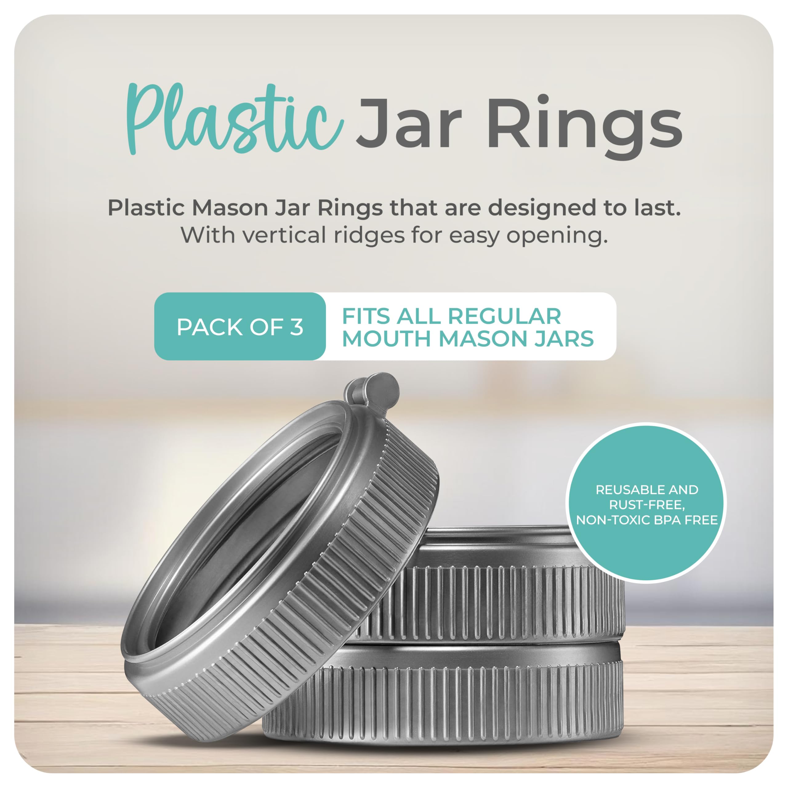 Mason Bottle plastic ring 3-pack packaging highlights convenient, durable kitchen accessory.