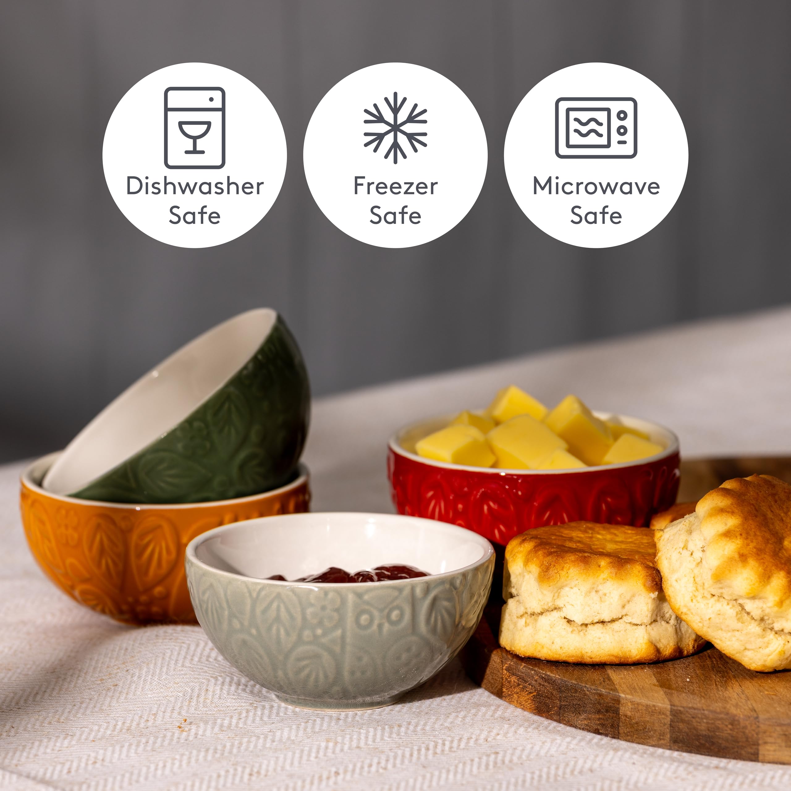 Mason Cash In the Forest set of four display in kitchen for entertaining prep.