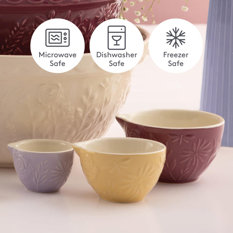 Mason Cash Meadow cups are oven-safe up to 320 degrees Fahrenheit.