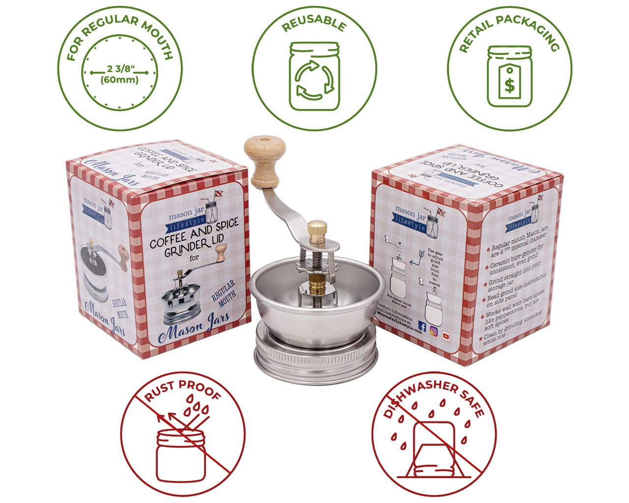 Adjustable crank grinder shown for spices and coffee