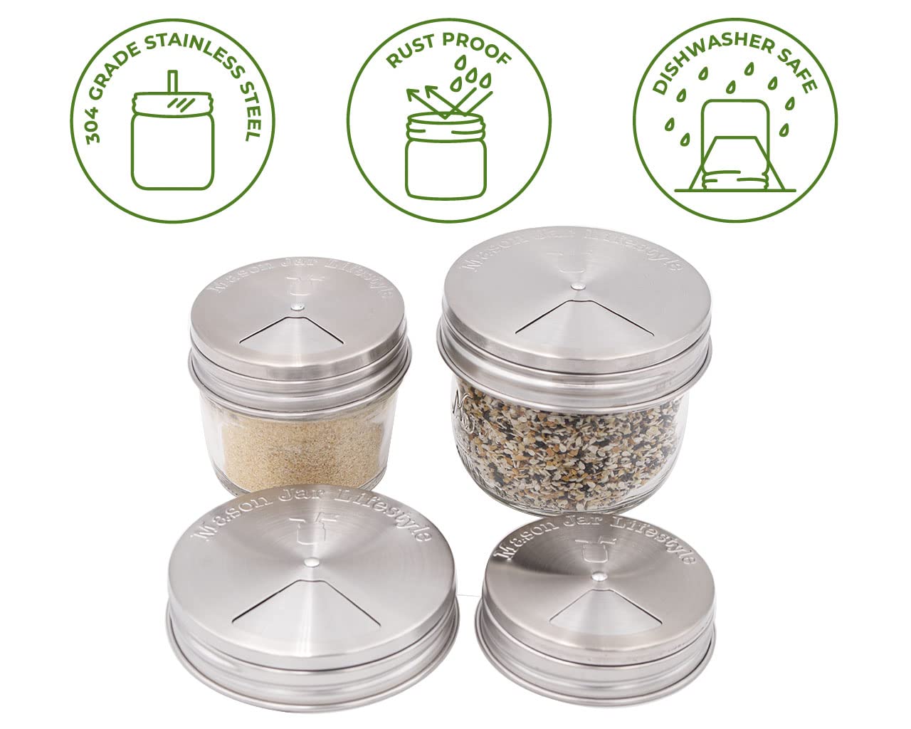 Mason Jar Lifestyle lids are dishwasher-safe and rust-resistant for easy cleanup.