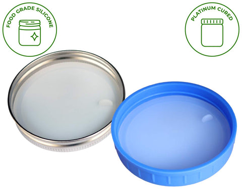 Mason Jar Lifestyle platinum silicone lid insert shown on a wide-mouth jar for leak-proof transport.