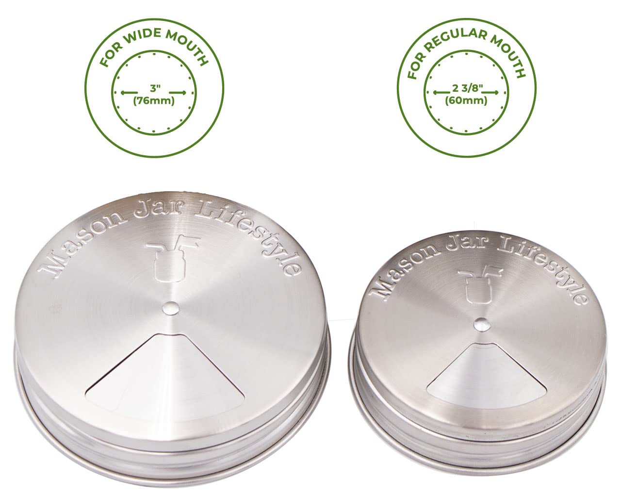 Mason Jar Lifestyle stainless steel tops with shaker and pour options for wide-mouth jars.