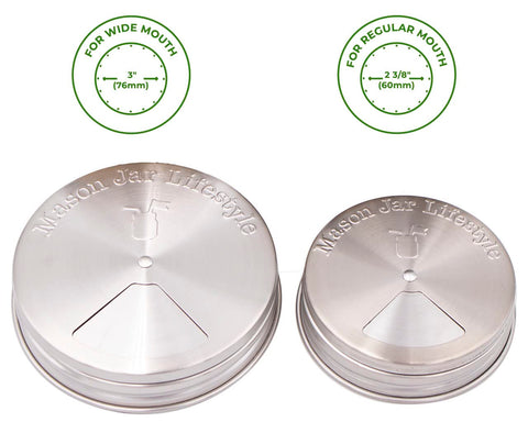 Mason Jar Lifestyle stainless steel tops with shaker and pour options for wide-mouth jars.
