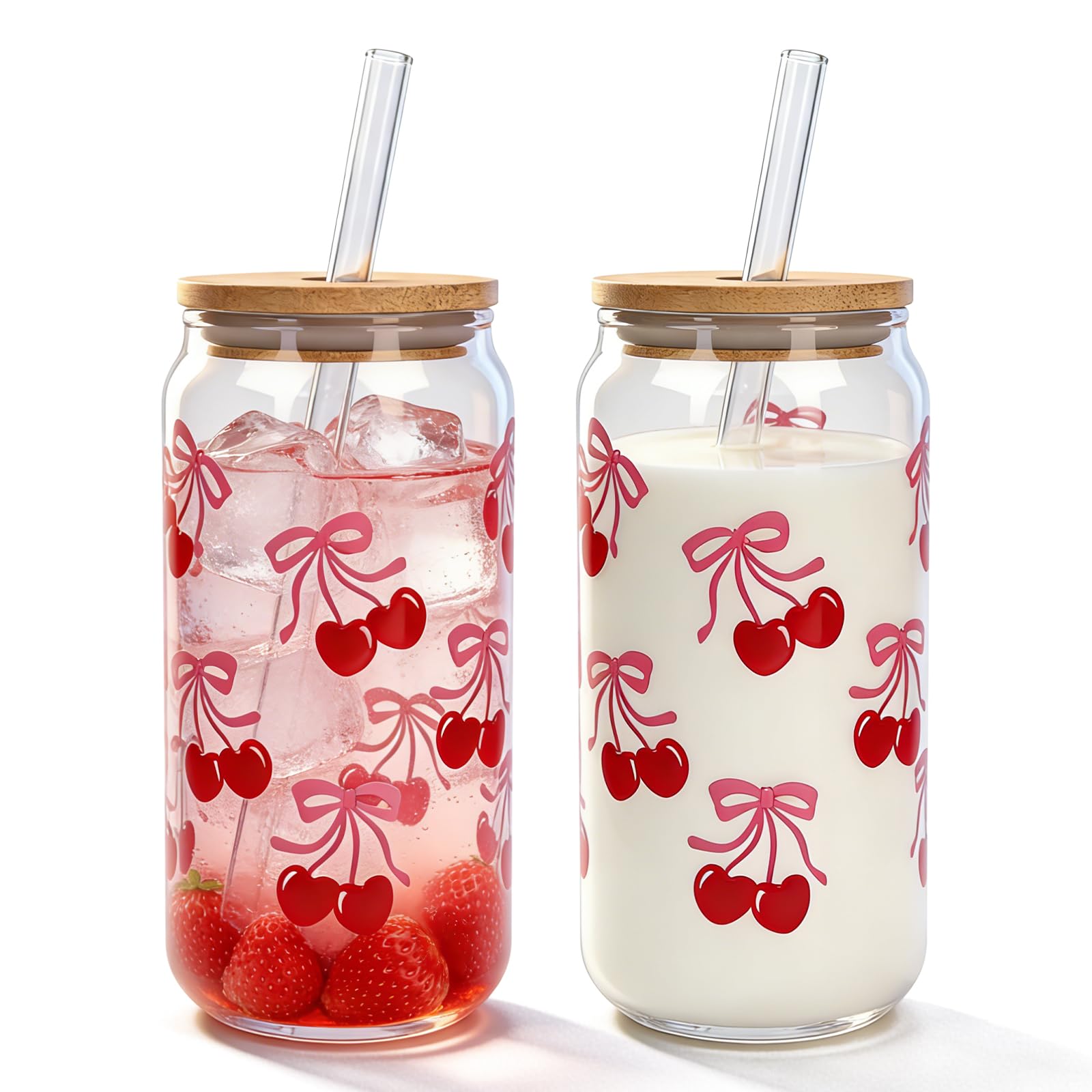 Mason Life cherries bows glass cups 18oz with lids for stylish iced drinks.