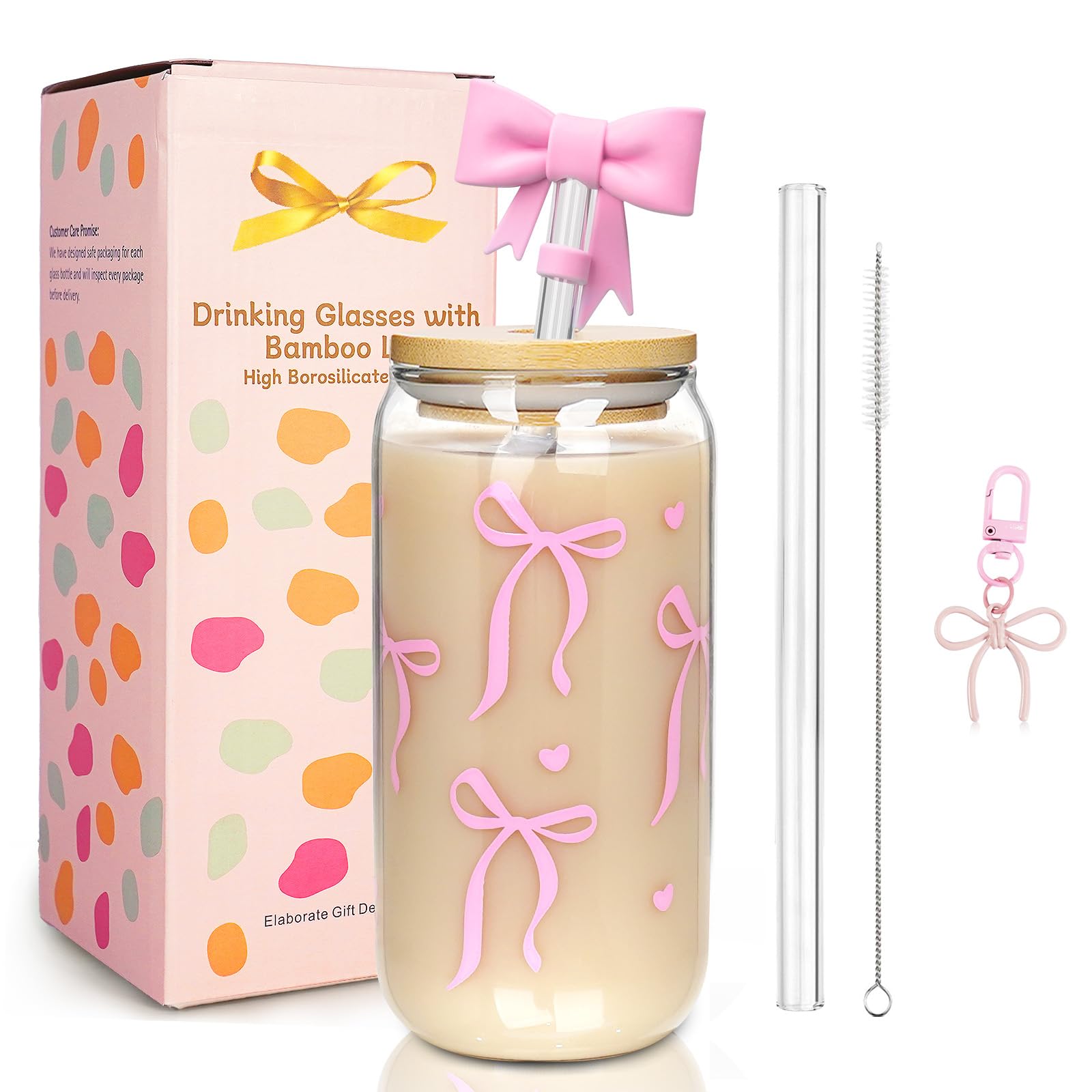 Mason Life Coquette Pink 18oz bow glass cup with lid and straw for on-the-go beverages.