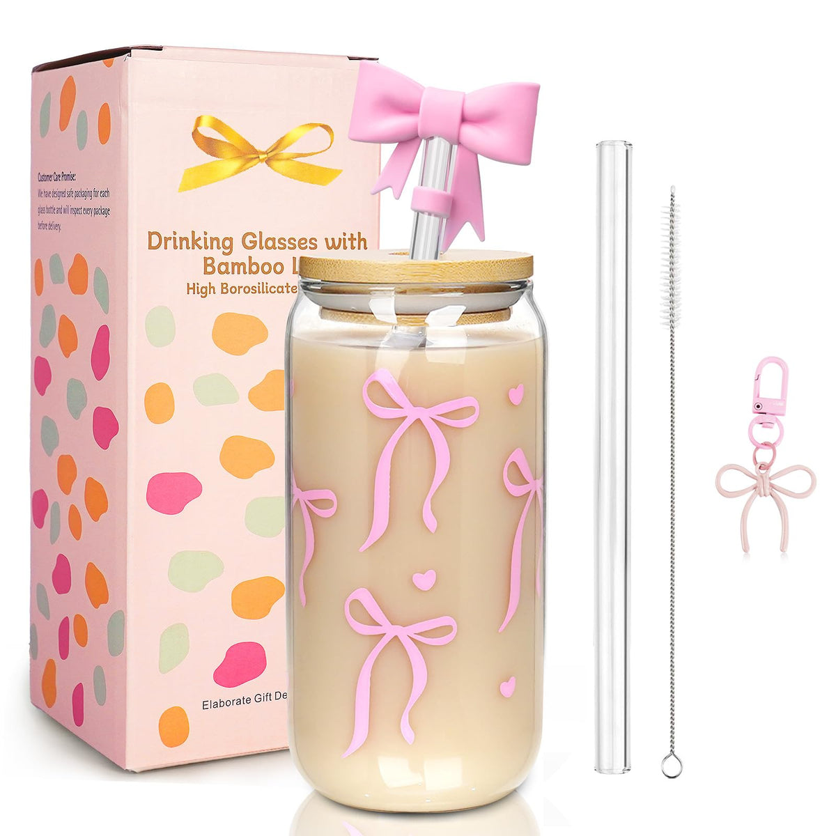 Mason Life Coquette Pink 18oz bow glass cup with lid and straw for on-the-go beverages.