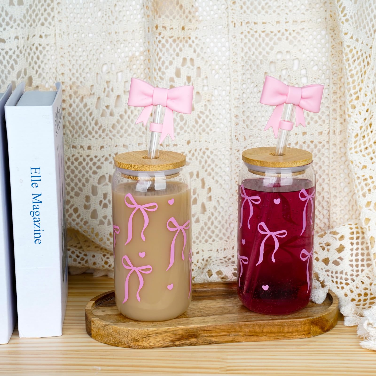 Mason Life Coquette Pink keychain included with the glass cup set.