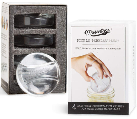 Masontops Pickle Pebble glass infinity weight in a wide-mouth jar keeping vegetables submerged for even brining.