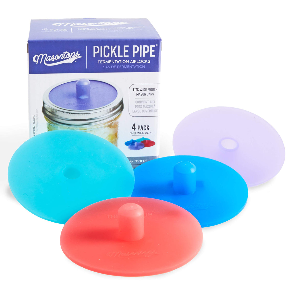 Masontops Pickle Pipes airlock lid for wide-mouth jars with automatic venting.