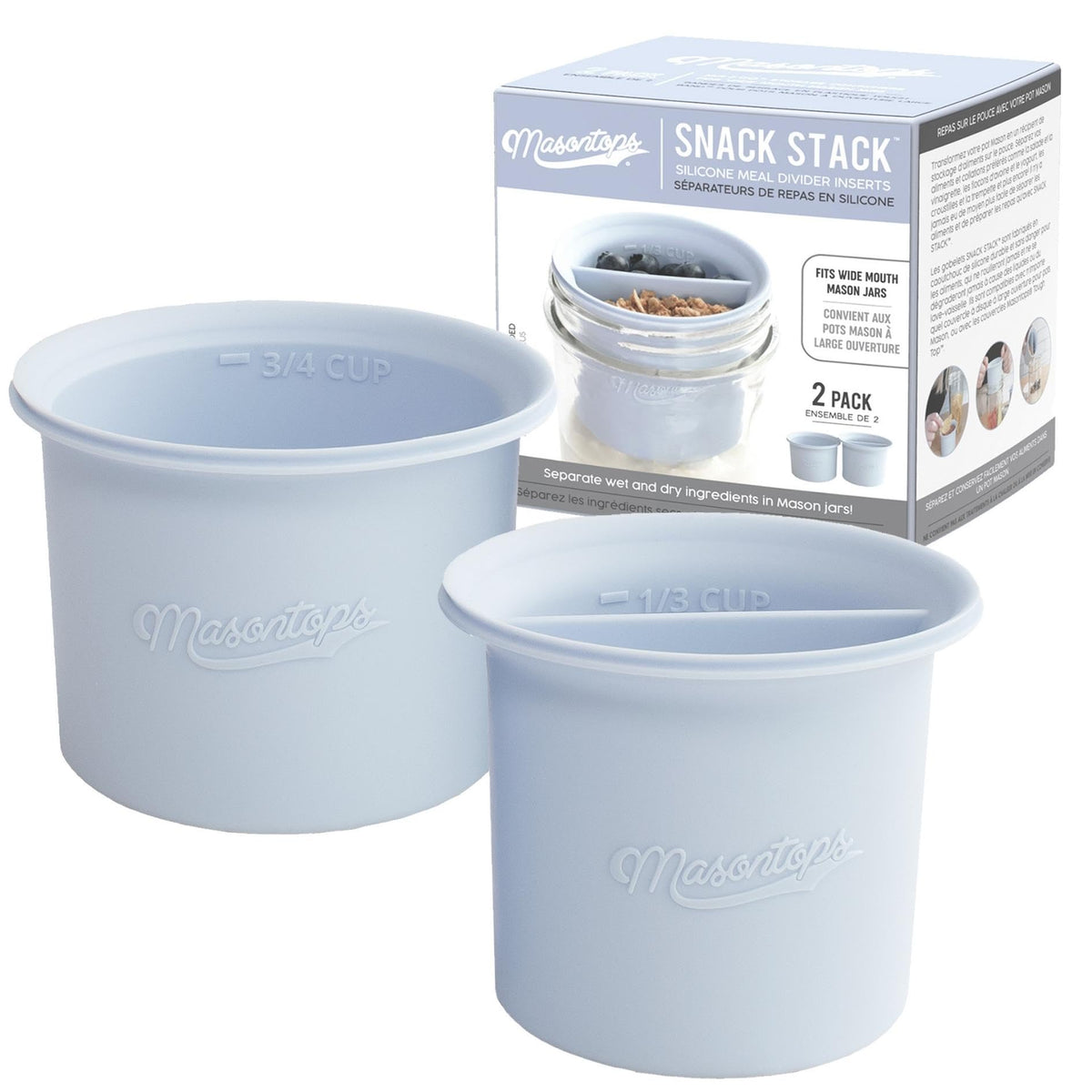 Masontops Snack Stack showing divider cups inside a wide-mouth jar for organized meals.