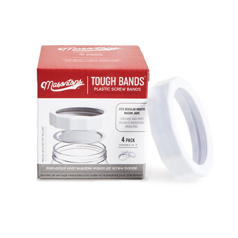 Masontops Tough Band regular mouth seal demonstrates reliable sealing, replacing rusty bands for pantry storage.