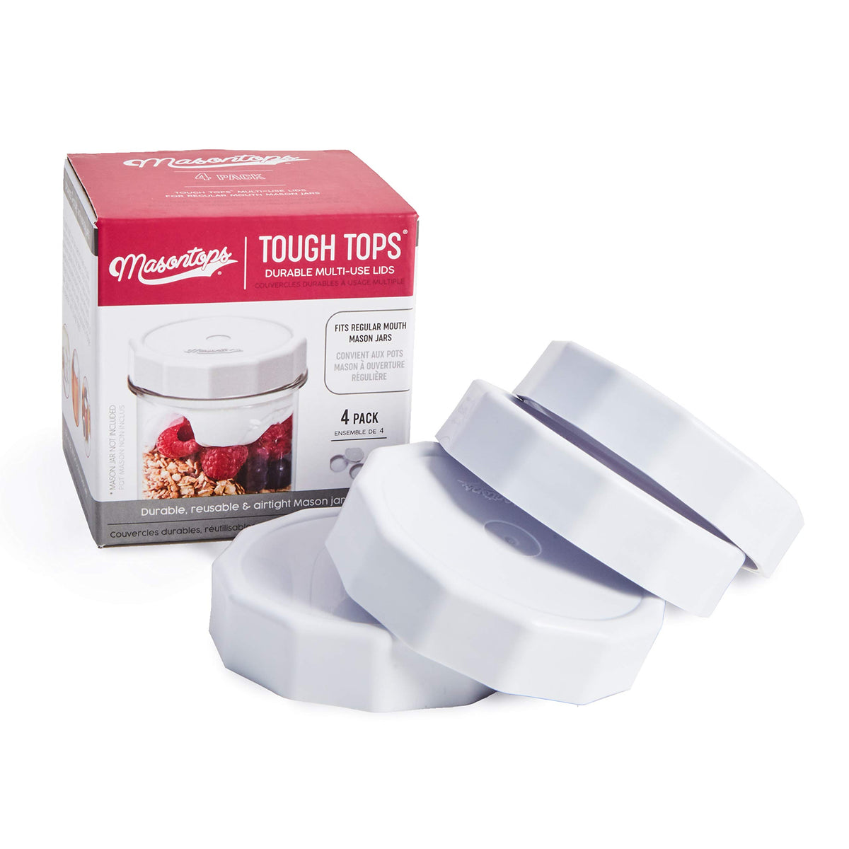 Masontops Tough Tops regular mouth lid in white offers an airtight seal for glass jars.