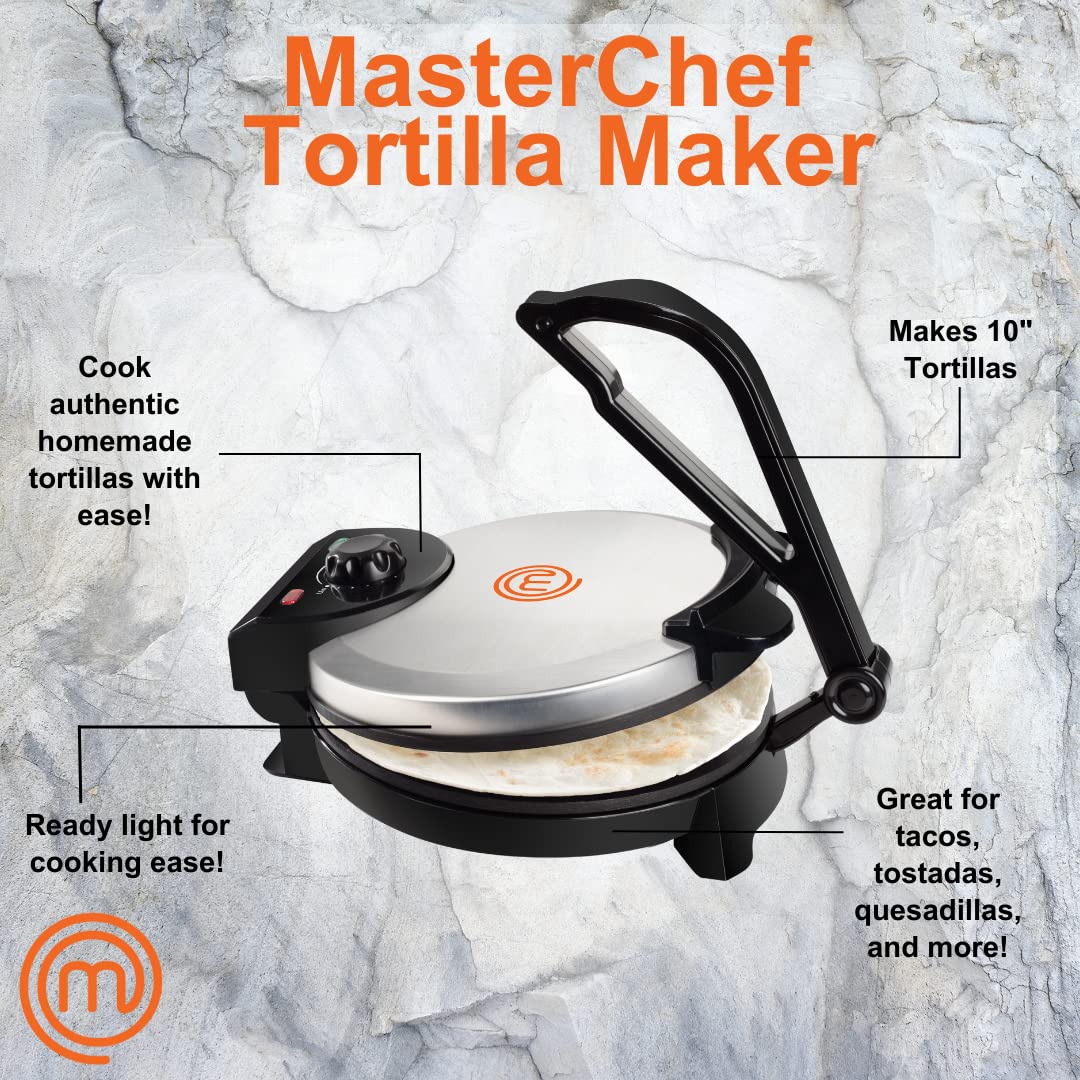 MasterChef electric tortilla maker side view showing compact footprint for storage