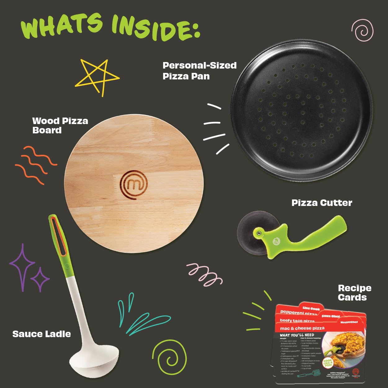 MasterChef Junior pizza set personal pizza pan perfect for small family pizzas.