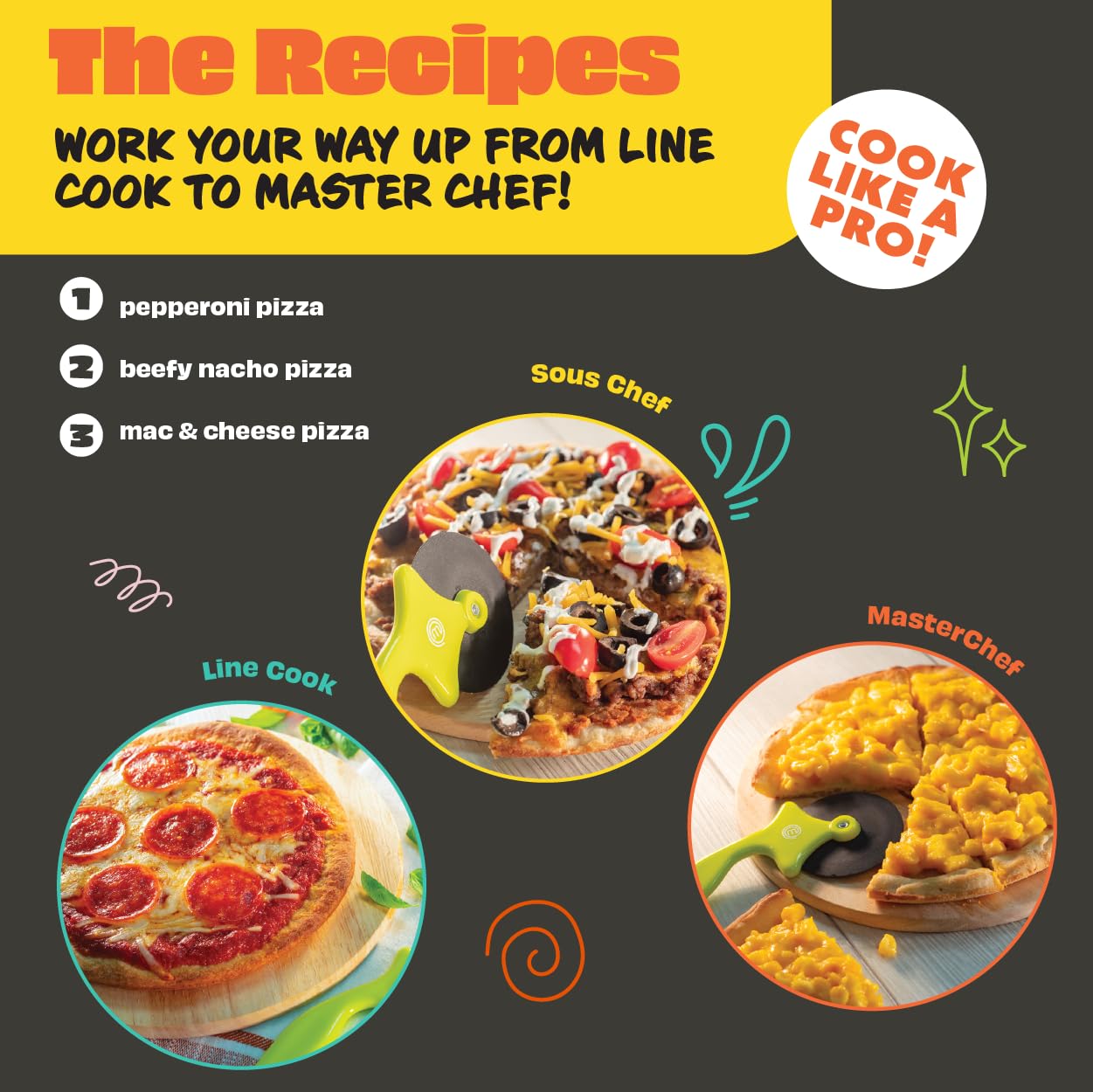 MasterChef Junior pizza set plastic pizza cutter designed with kid-safe grip.