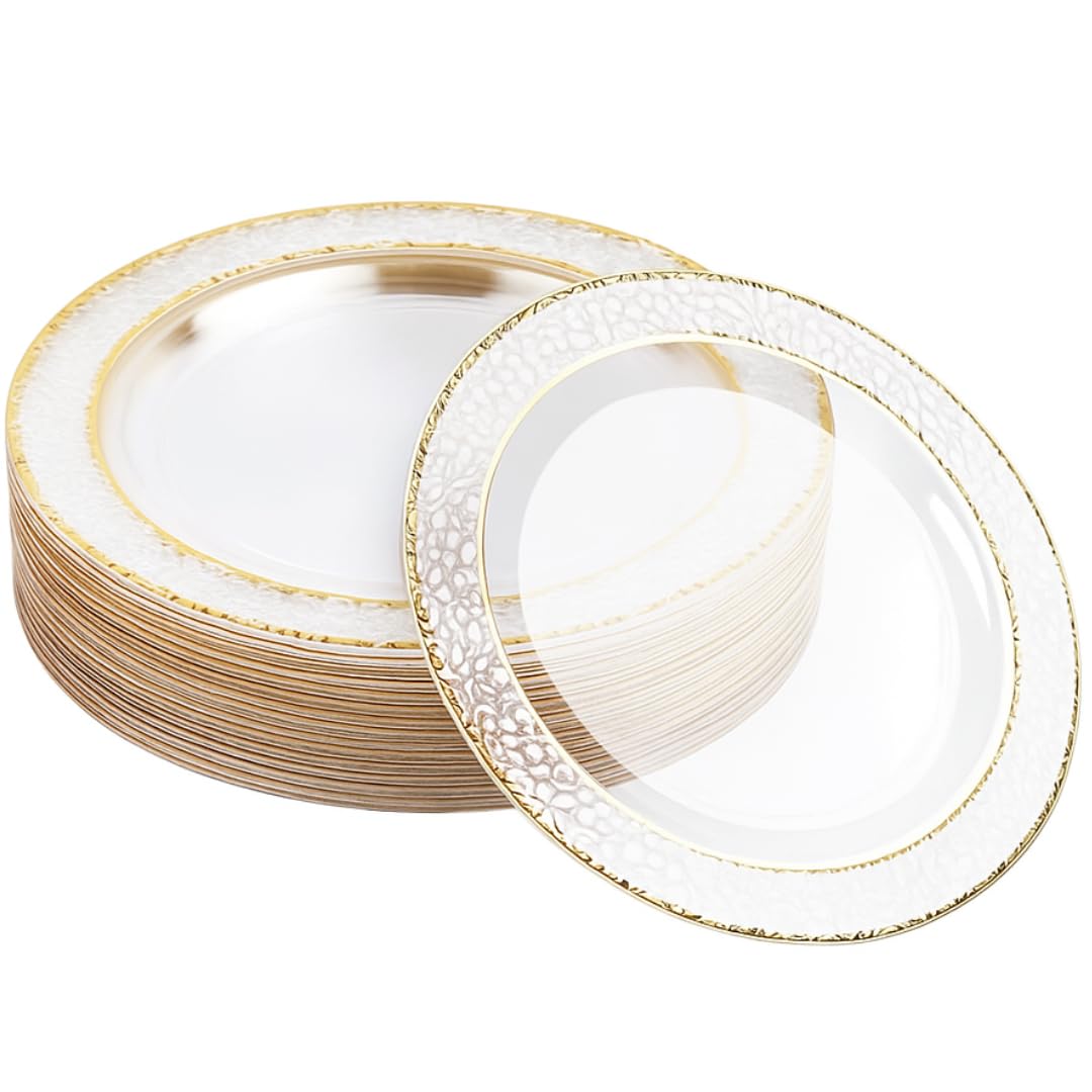 MATANA 20-pack clear plates with hammered gold rim, ideal for elegant events.