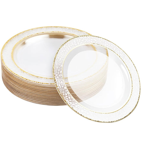 MATANA 20-pack clear plates with hammered gold rim, ideal for elegant events.