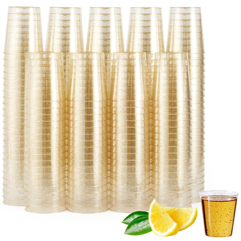 Matana 200 Gold Glitter Shot Glasses, 2oz, sparkling centerpiece for elegant parties.