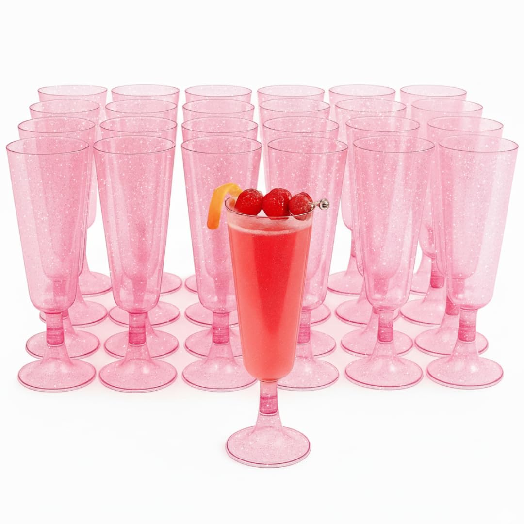 Matana 50 glitter pink champagne flutes ready for quick wedding setup.