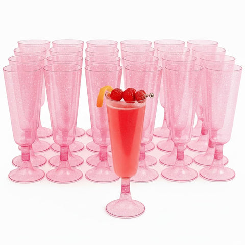 Matana 50 glitter pink champagne flutes ready for quick wedding setup.