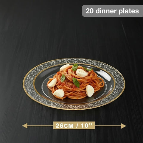 MATANA clear plastic plates with gold rim for weddings and celebrations.