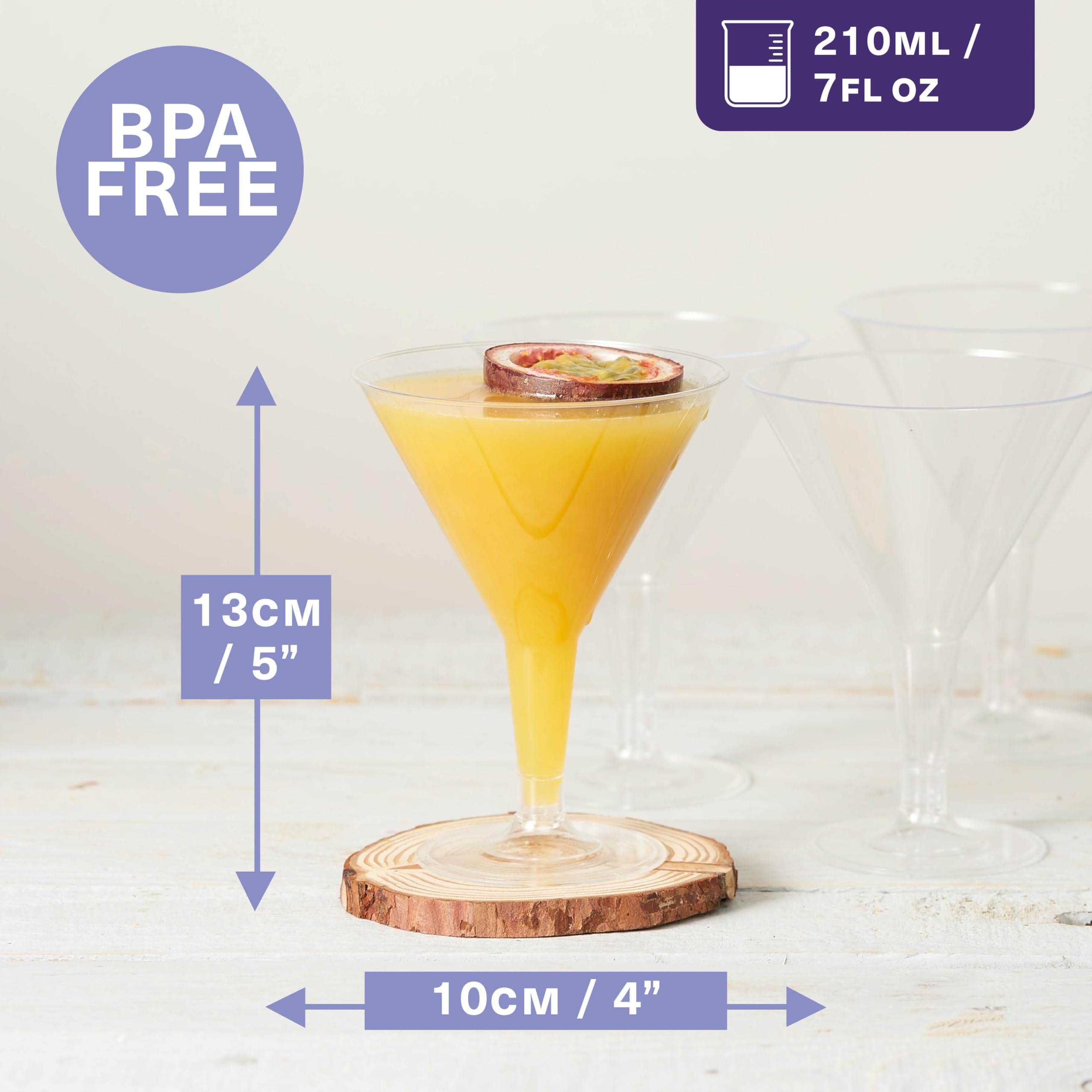 Clear modern MATANA martini glasses 7oz elevating cocktails and desserts at events