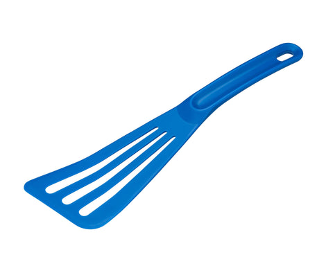 Matfer Bourgeat Exoglass high-temperature slotted Pelton spatula blue top view for draining liquids