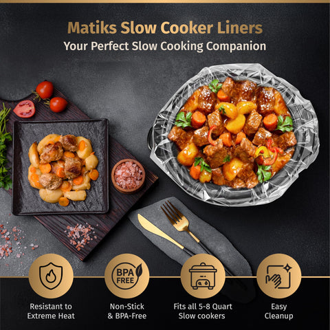 Matiks slow cooker liners inside an oval cooker for versatile fit.