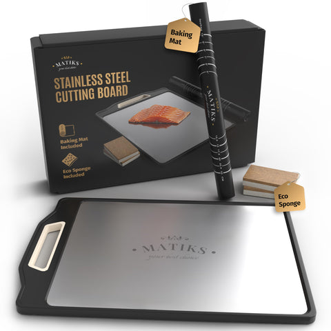 Matiks stainless steel cutting board front view for durable meat prep