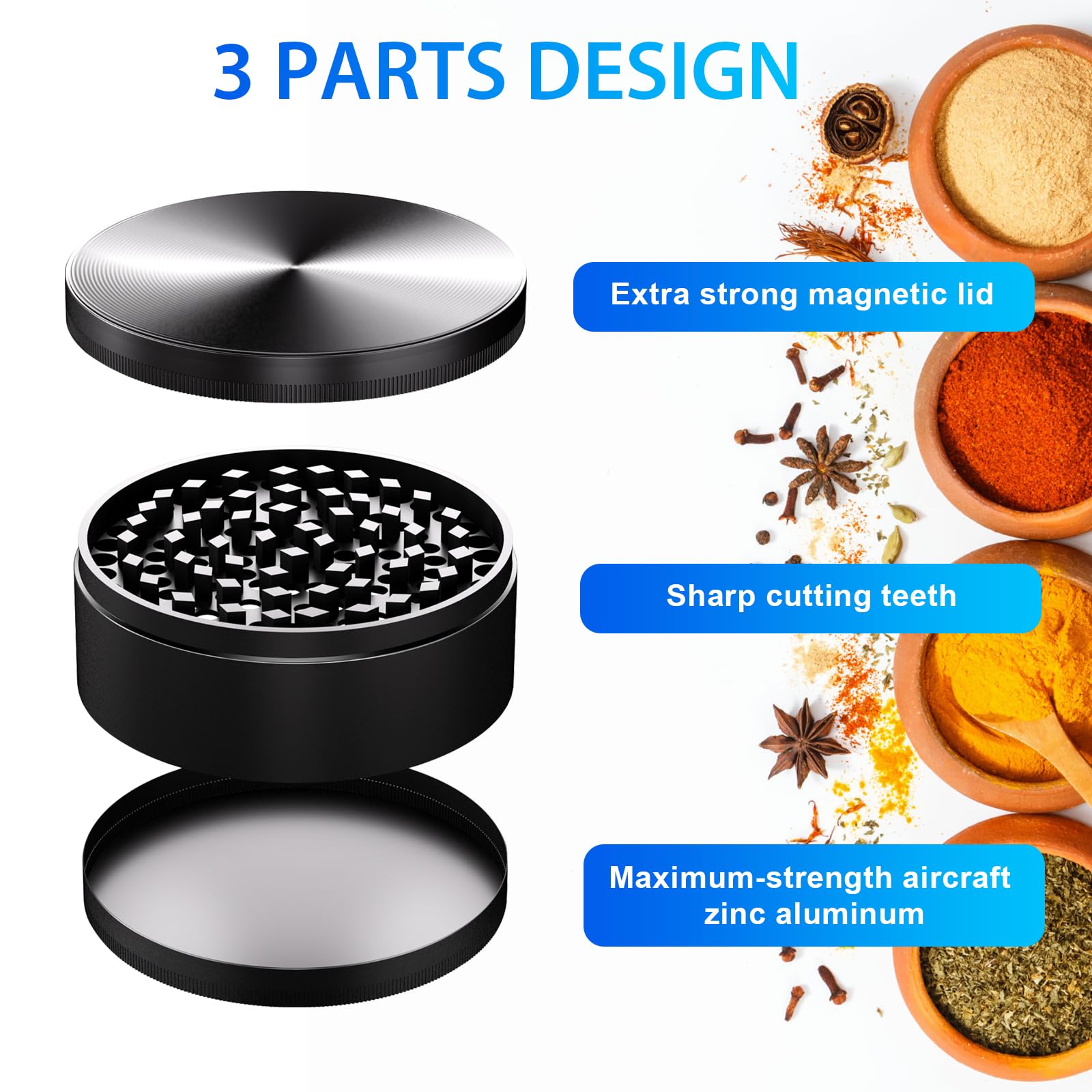 Matoolser grinder close-up shows sharp teeth for efficient ground powders.