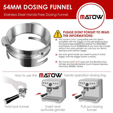 MATOW 54mm dosing funnel on portafilter demonstrates secure twist-fit