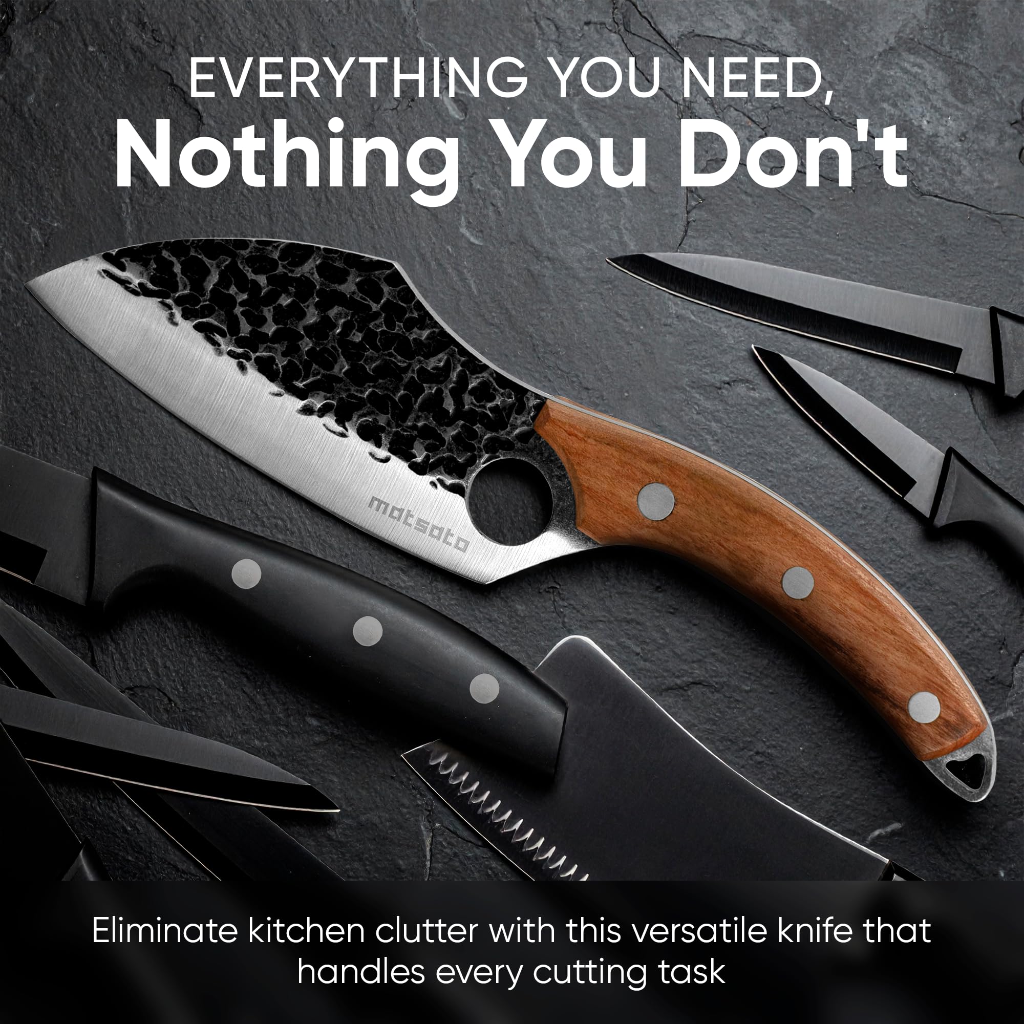 Ergonomic finger-hole grip provides better control during chopping.