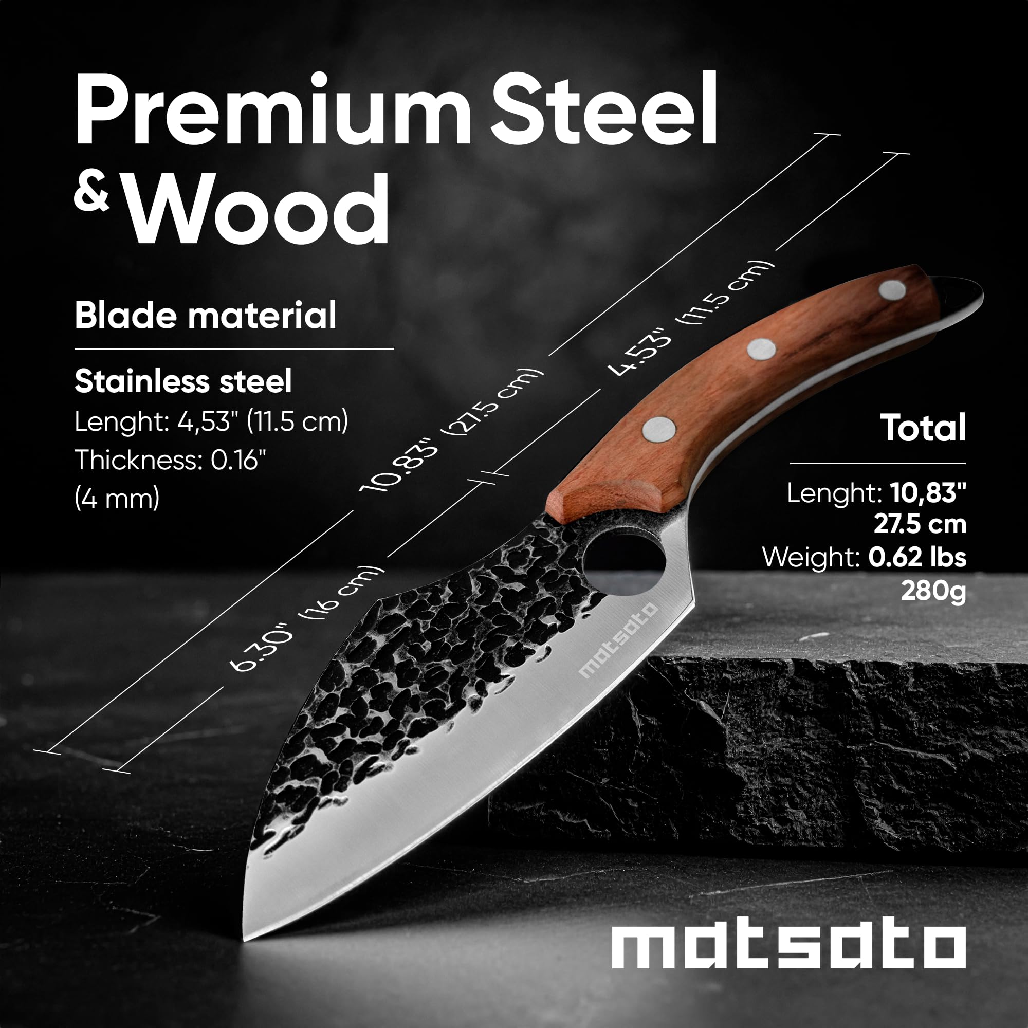Hammered blade texture reduces sticking for smooth meat and veg prep.