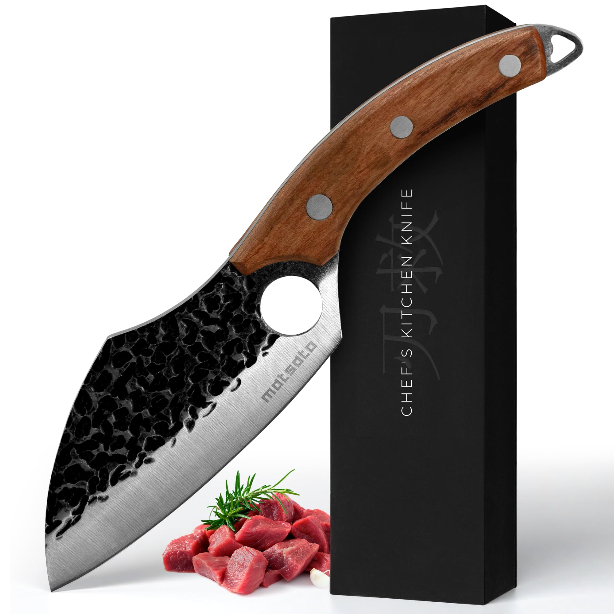 Matsato chef knife with ice-hardened edge for precise vegetable slicing.