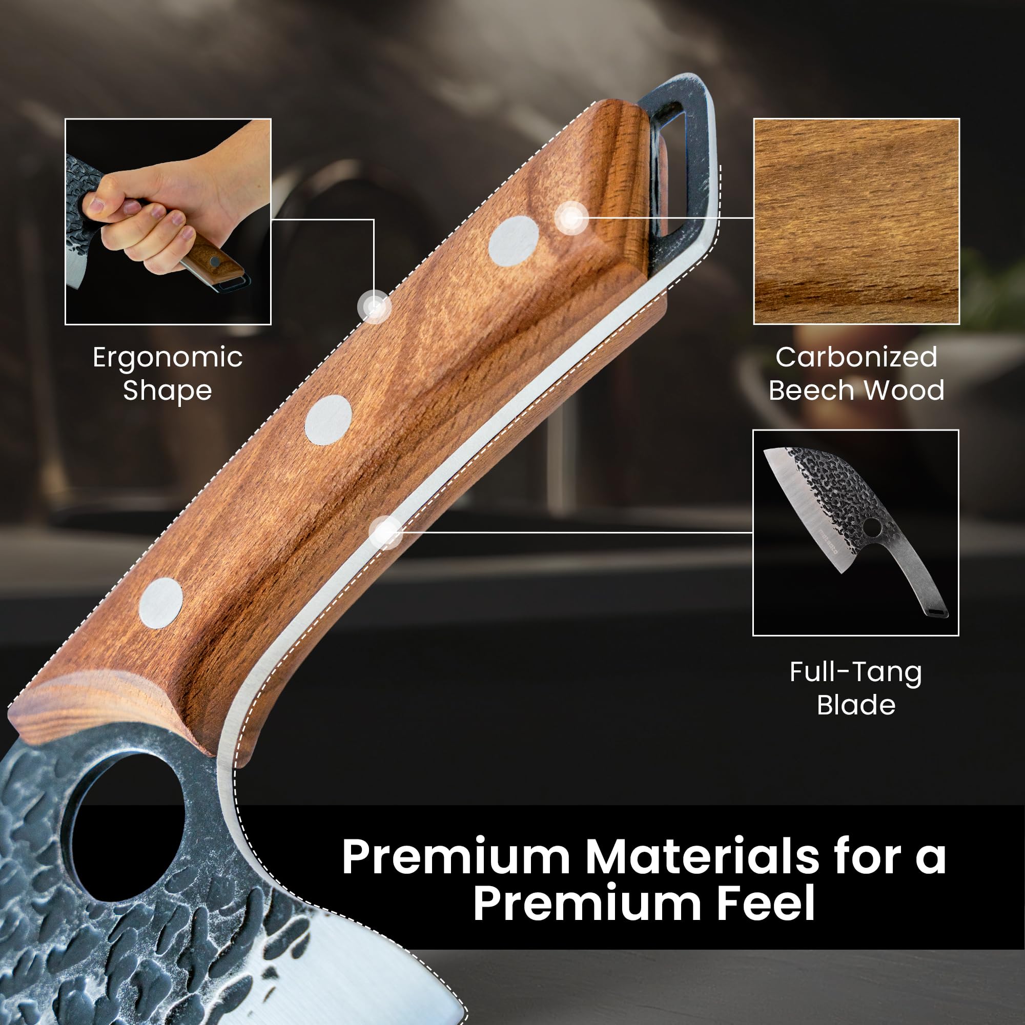 Matsato cleaver lightweight, balanced design for easy maneuvering.