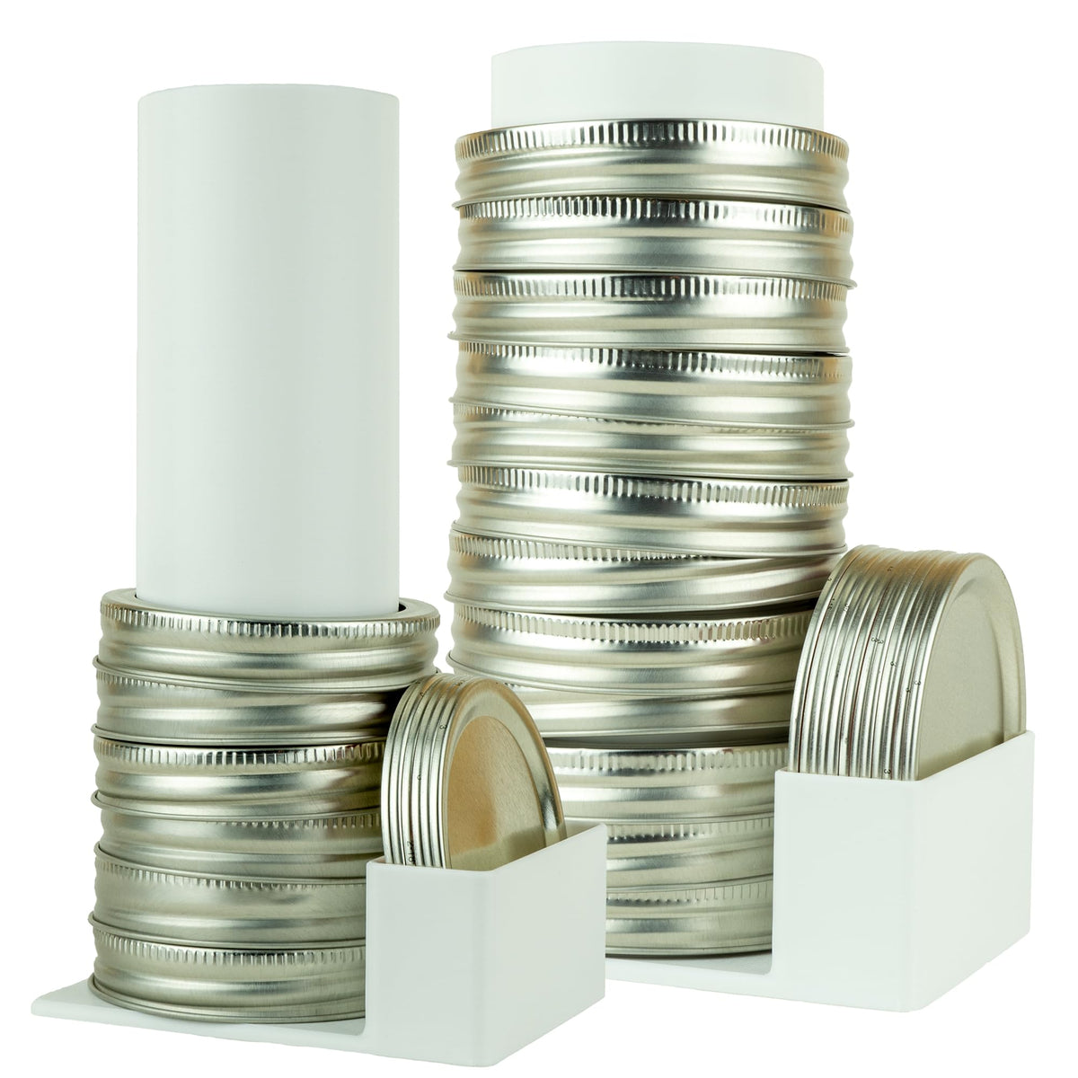 Matterform Mason jar lid organizer front view with dual racks for standard and wide-mouth lids.