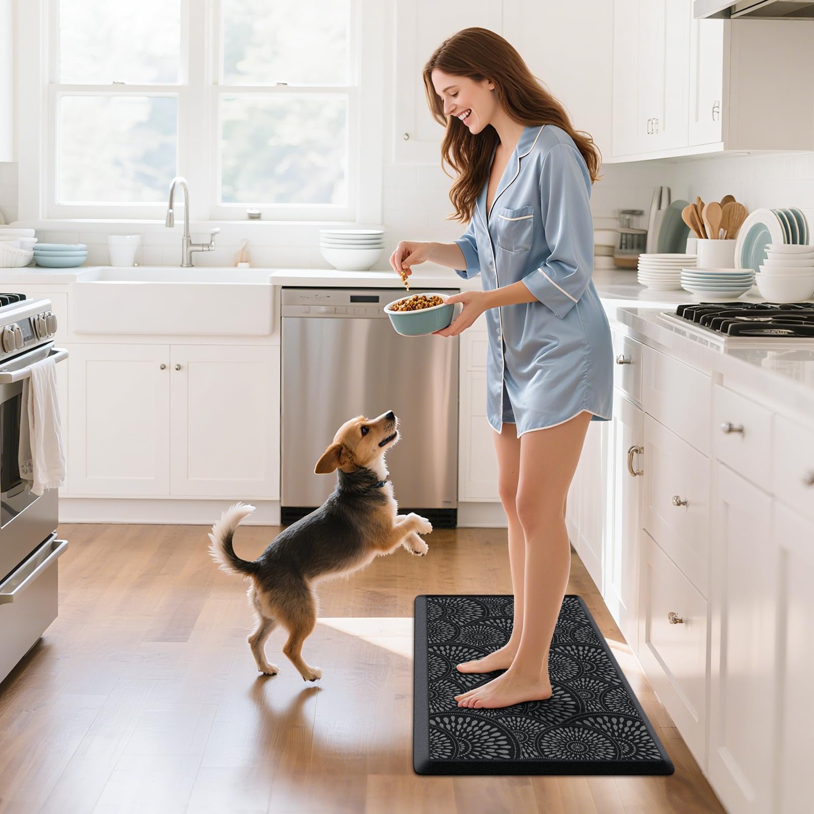 Mattitude Kitchen Mat highlighting non-slip bottom on slippery floors