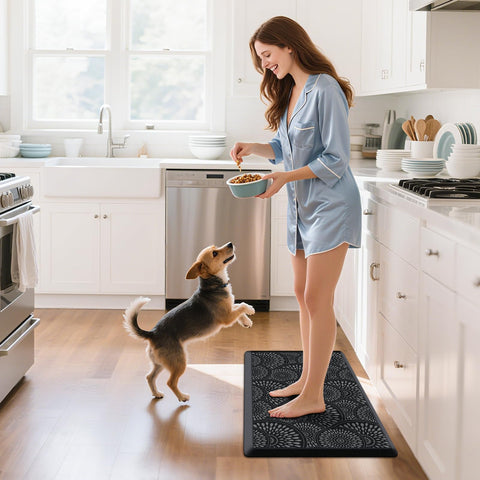 Mattitude Kitchen Mat highlighting non-slip bottom on slippery floors