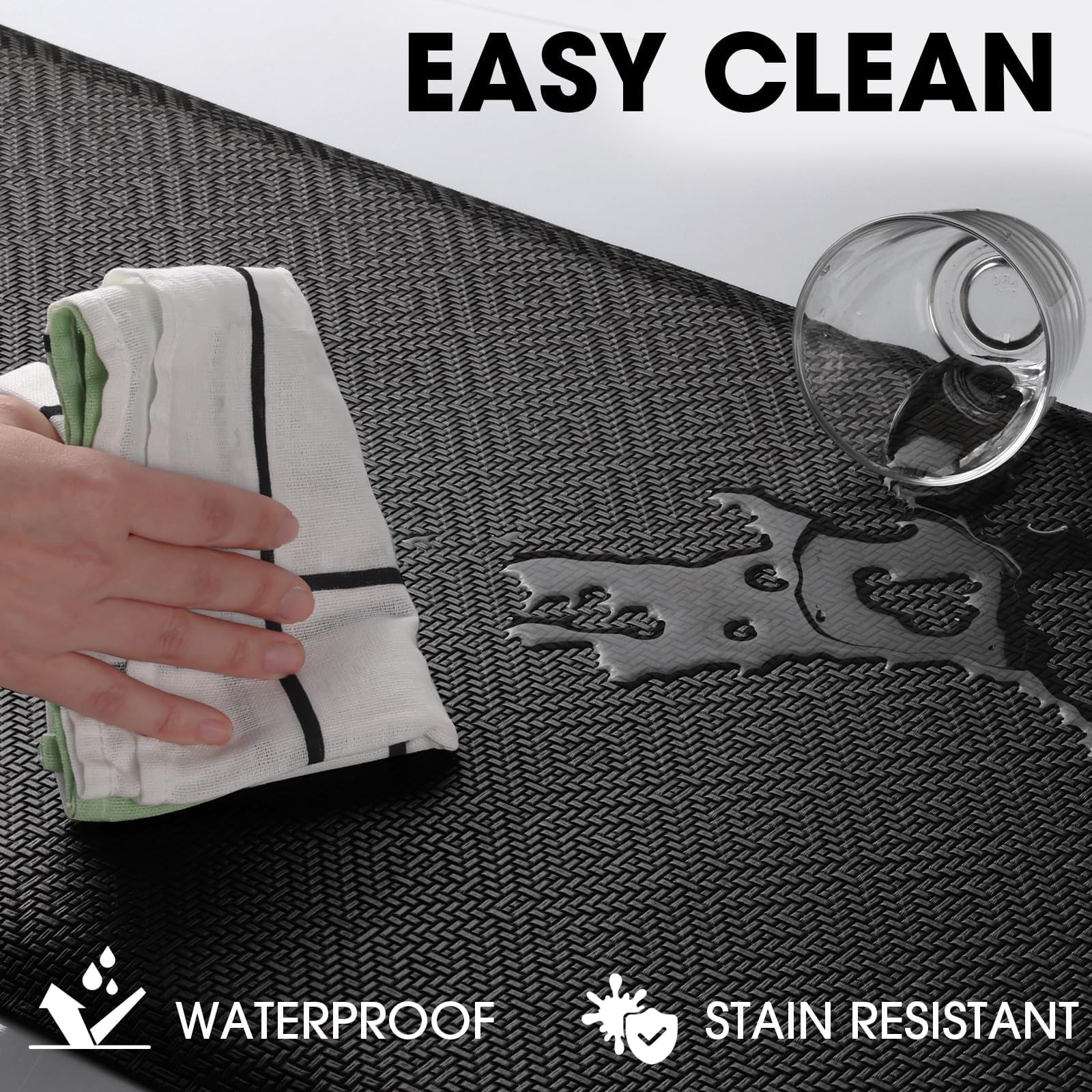 Mattitude kitchen mat waterproof keeps spills from soaking through for easy cleanup.