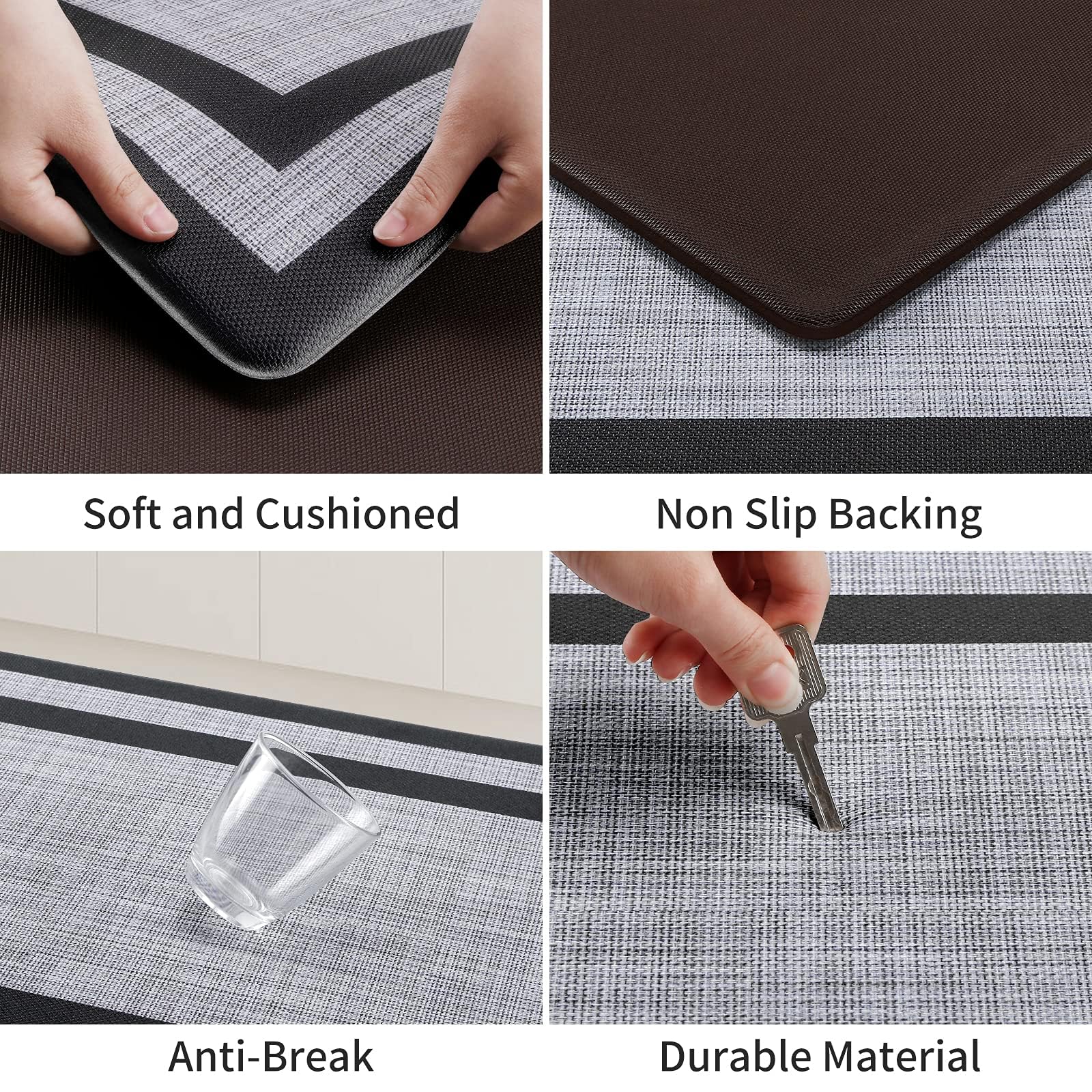 Two-tone black and gray Mattitude mats blend with modern kitchen decor.