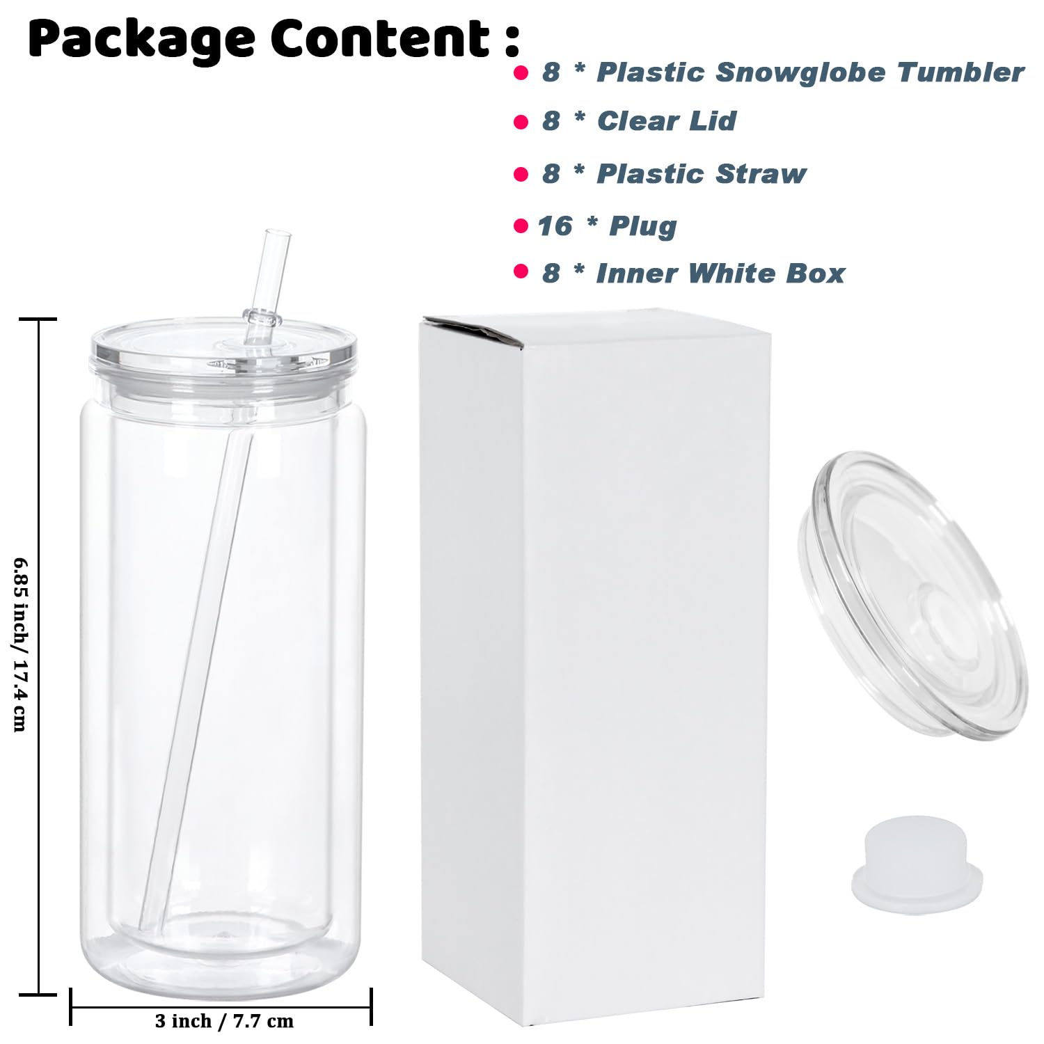 Maucircol snowglobe tumblers include extra straws and plugs for setup.