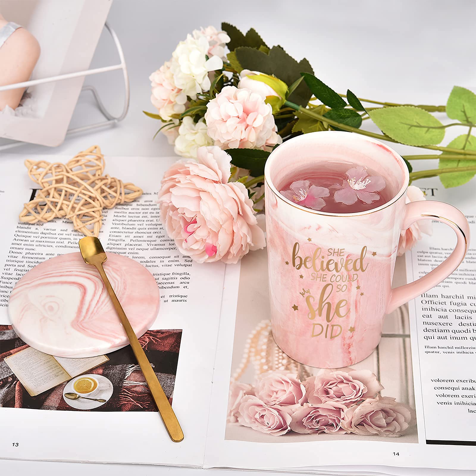 Pink marble Maustic mug paired with marble coaster enhances desk setup.