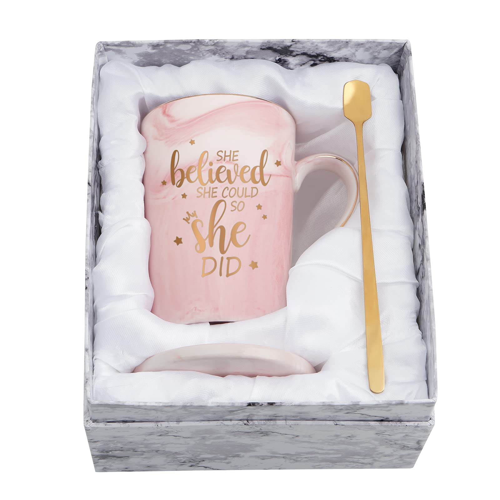 Maustic She Believed She Could So She Did mug in pink marble for daily inspiration.