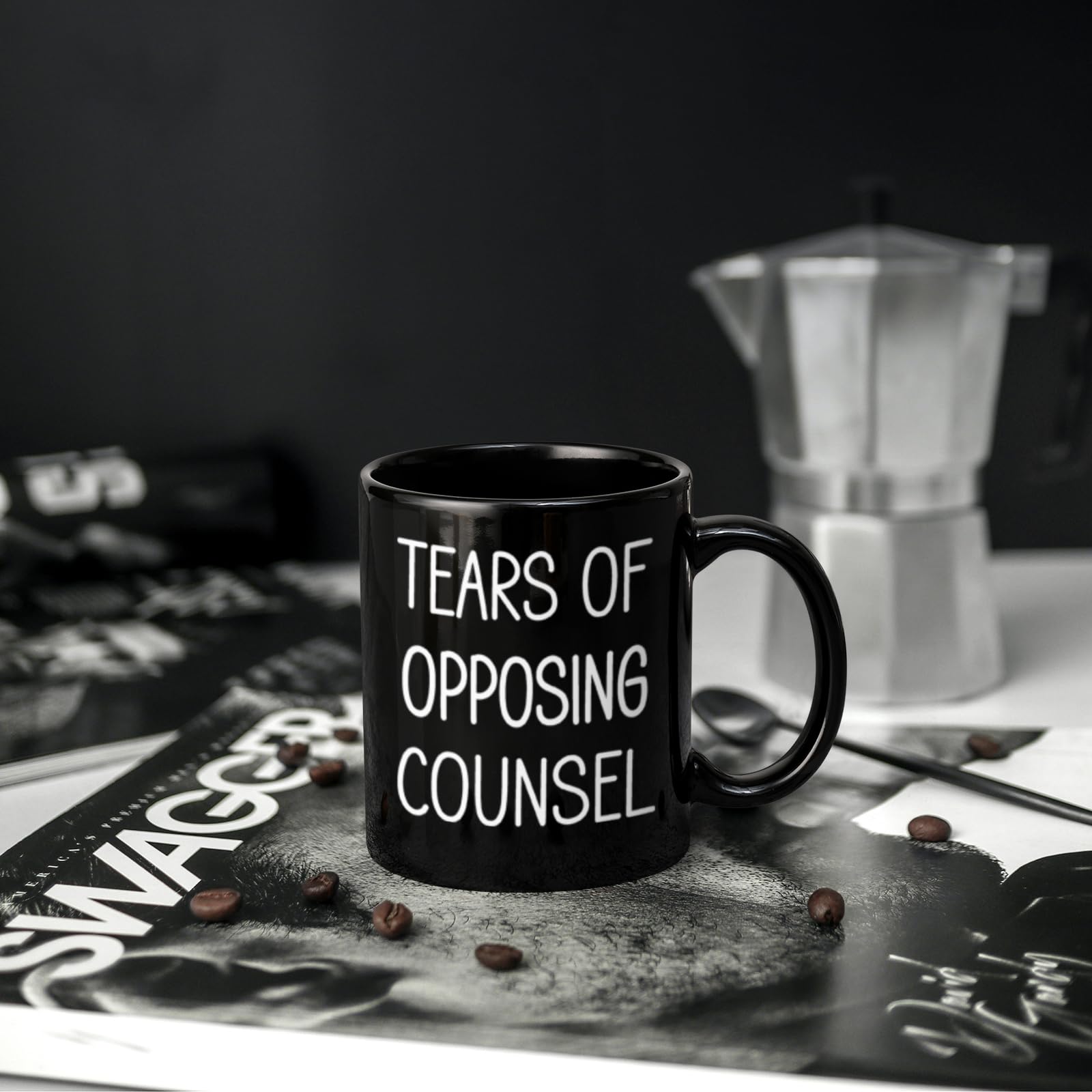 Maustic Tears of Opposing Counsel mug back print, ideal for gifting.