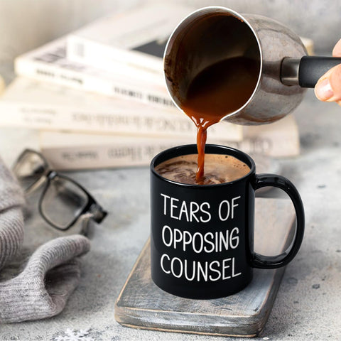 Maustic Tears of Opposing Counsel mug close-up text, bold print that lasts.
