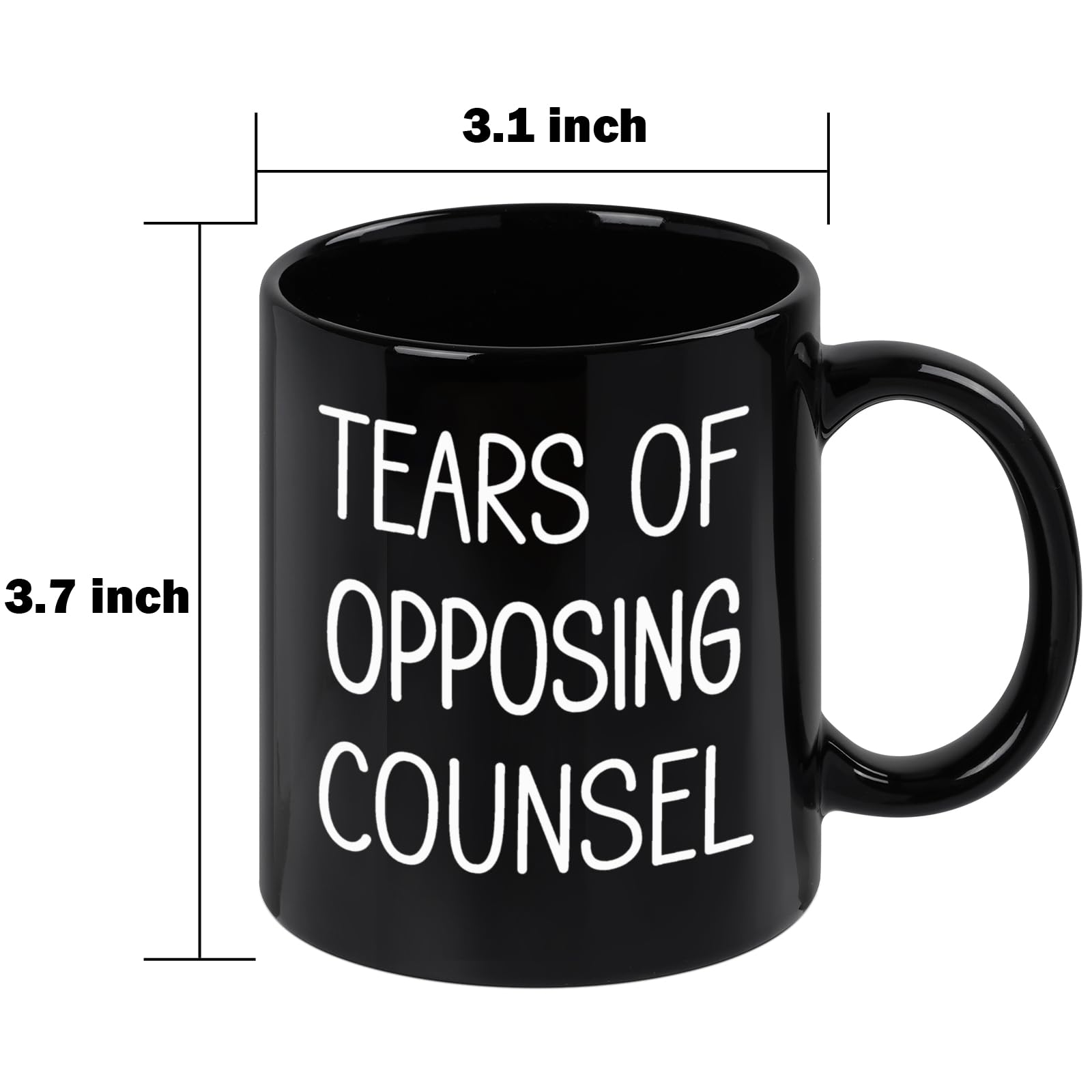 Maustic Tears of Opposing Counsel mug on desk, boosts mood during work.