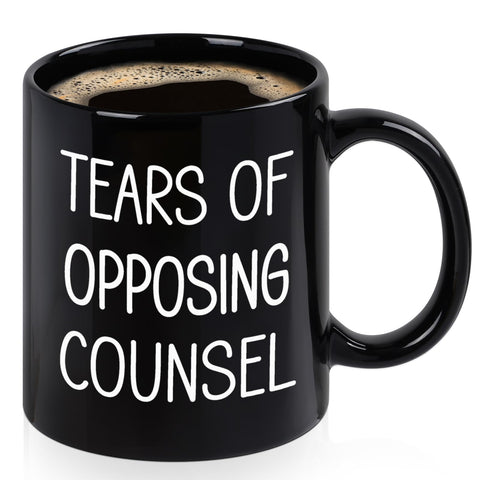 Maustic Tears of Opposing Counsel mug front view, great for daily lawyer humor.